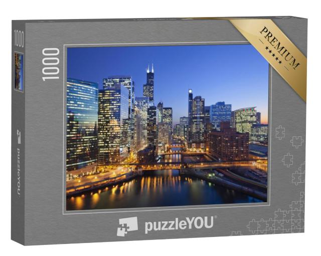 Puzzel 1000 stukjes „Chicago centrum en Chicago rivier met bruggen bij zonsondergang“