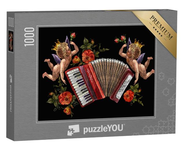 Puzzel 1000 stukjes „Een engel, accordeon en rozen, muziek“