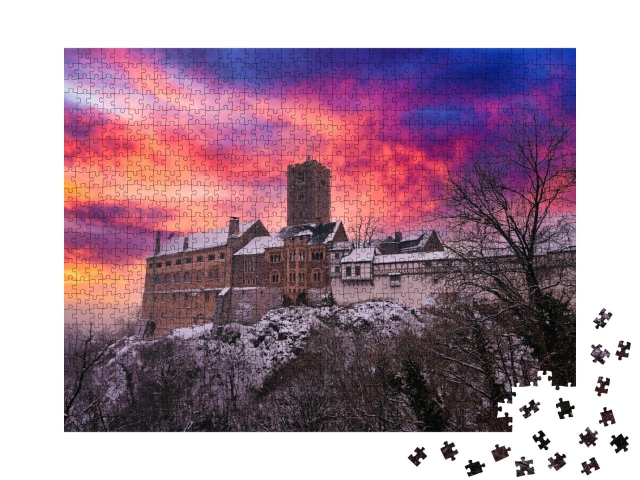 Puzzle 1000 Teile „Wartburg im Thüringer Wald bei Eisenach im glühenden Sonnenuntergang“