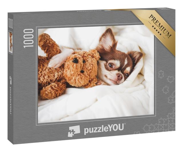 Puzzle „Chihuahua-Welpe schlafend mit Teddybär“