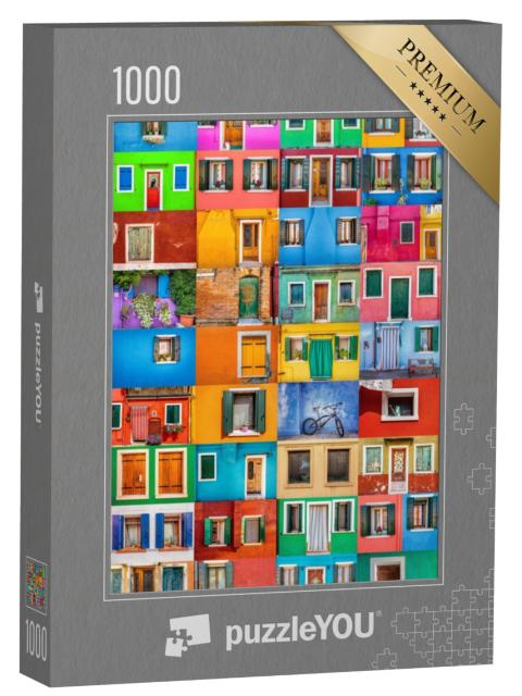 Puzzel 1000 stukjes „Collage van kleurrijke huizen op het eiland Burano, Italië“