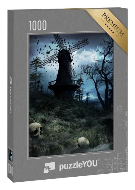 Puzzle 1000 Teile „Gothic-Illustration: Dunkle Windmühle mit Vögeln und Totenköpfen“