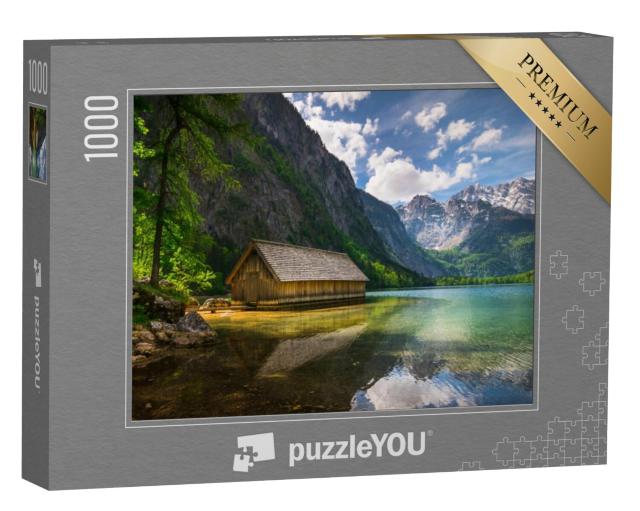 Puzzel 1000 stukjes „Eenzame houten hut bij een bergmeer“