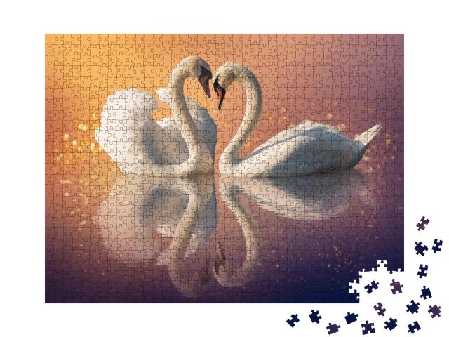 Puzzle 1000 Teile „Ein romantisches Paar Schwäne im Sonnenuntergang“
