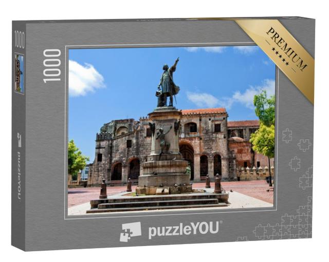 Puzzel 1000 stukjes „Columbusbeeld en kathedraal, Parque Colon, Santo Domingo, Caribisch gebied“