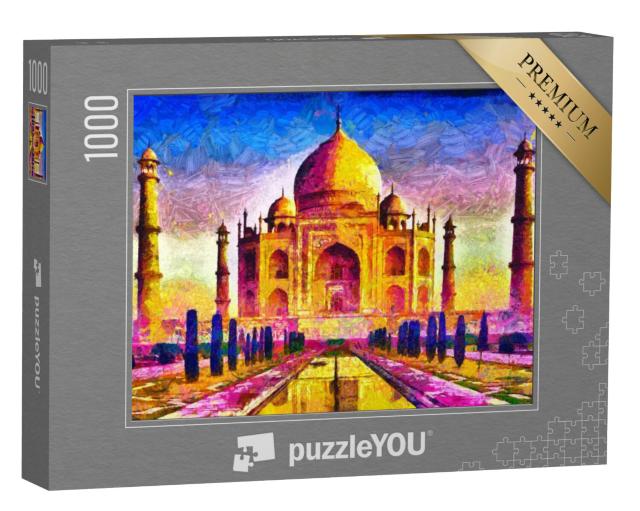 Puzzel 1000 stukjes „Taj Mahal, kleurrijke architectuur, olieverfschilderij“