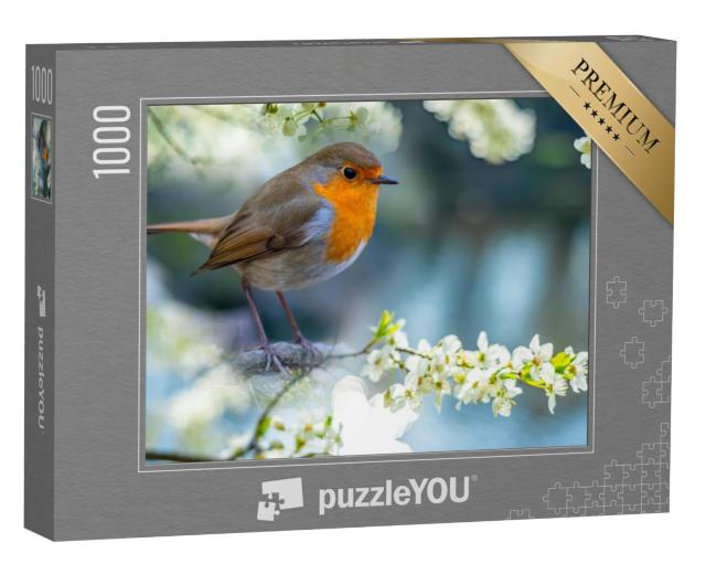 Puzzel 1000 stukjes „Roodborstje op een witbloeiende tak“