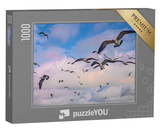 Puzzel 1000 stukjes „Een zwerm meeuwen vliegt door de lucht“