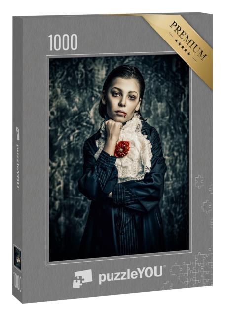 Puzzle 1000 Teile „Porträt eines Vampires, Vampirkostüm, Grunge-Hintergrund, Halloween-Party“