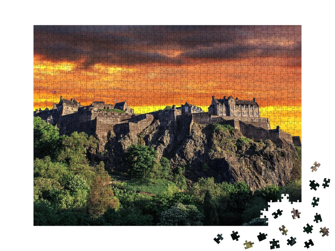 Puzzle 1000 Teile „Spektakulärer Sonnenuntergang am Hügel des Edinburgh Castle, Schottland“