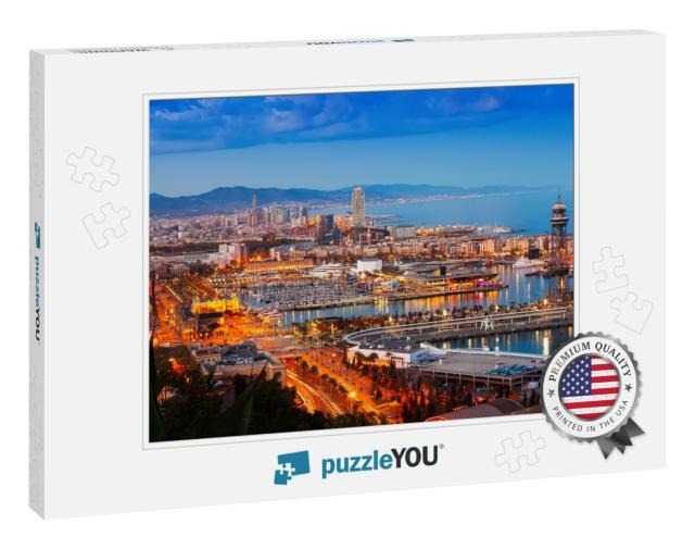 Panorama of Barcelona with Port in Night Time. Catalonia... Jigsaw Puzzle