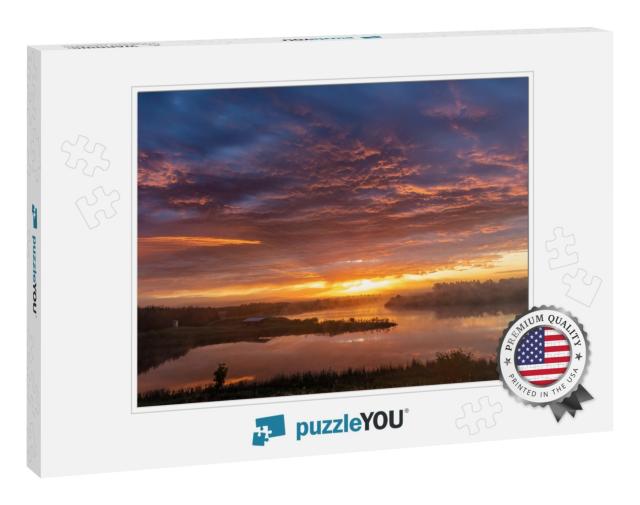 Amazing Sunrise Clouds Over Small Lake At Cub Creek Recre... Jigsaw Puzzle