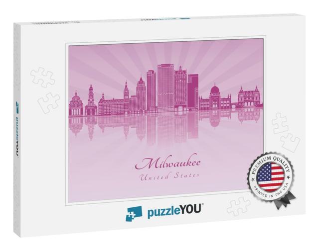 Milwaukee Skyline in Purple Radiant Orchid in Editable Ve... Jigsaw Puzzle