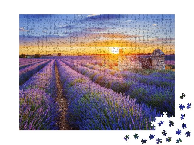 Puzzle 1000 Teile „Violetter Traum: Sonnenuntergang über Lavendelfeld in Valensole, Provence“