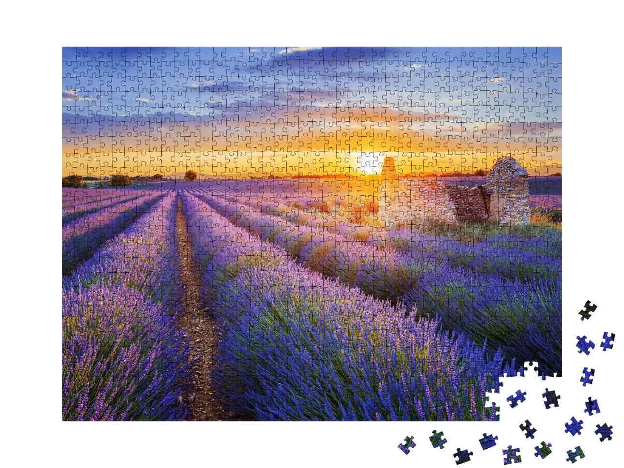 Puzzle 1000 Teile „Violetter Traum: Sonnenuntergang über Lavendelfeld in Valensole, Provence“