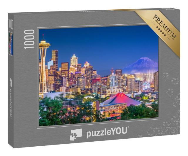 Puzzle 1000 Teile „Skyline von Seattle, Washington, USA, im Hintergrund Mount Rainier“