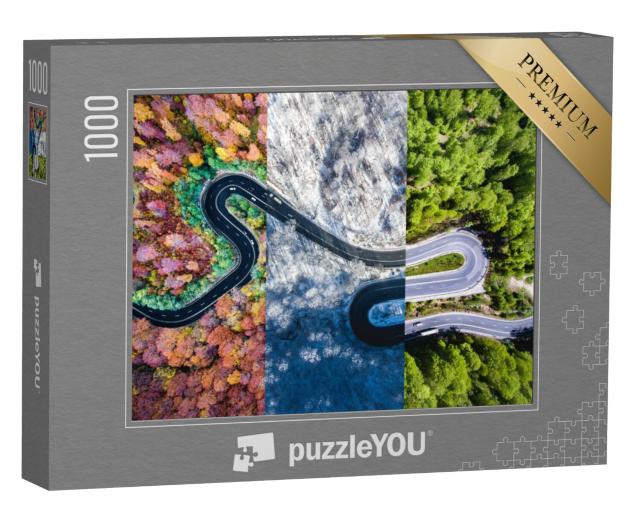 Puzzel 1000 stukjes „Kronkelende weg in het bos door de seizoenen“