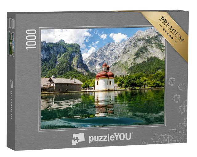 Puzzel 1000 stukjes „Uitzicht op de St Bartholomeuskerk vanaf Königssee, Beieren“