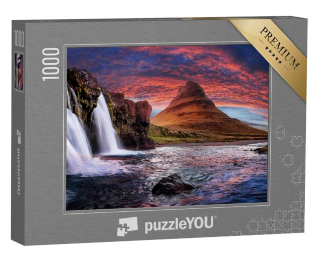 Puzzel 1000 stukjes „Majestueuze kerkberg en watervallen in IJsland“