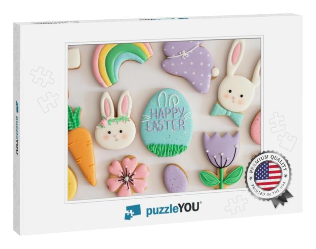 Happy Easter. Multicolored Pastel Easter Cookies on a Whi... Jigsaw Puzzle