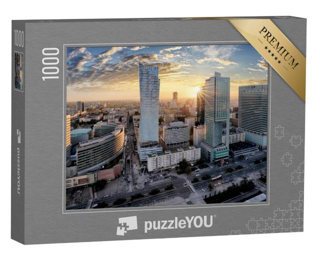 Puzzel 1000 stukjes „Zonsopgang boven de wolkenkrabbers van Warschau, Polen“