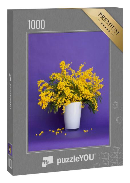 Puzzle 1000 Teile „Mimose, schöne gelbe Blumen mit weißer Vase“