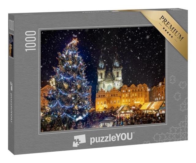 Puzzle 1000 Teile „Schöner Blick auf den Altstädter Ring mit Weihnachtsmarkt, Prag bei Nacht“