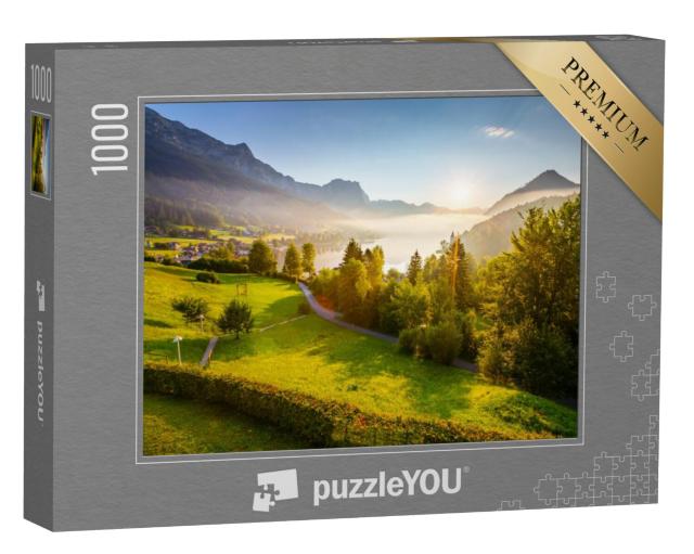 Puzzel 1000 stukjes „Uitzicht op de groene tuin in de ochtend“