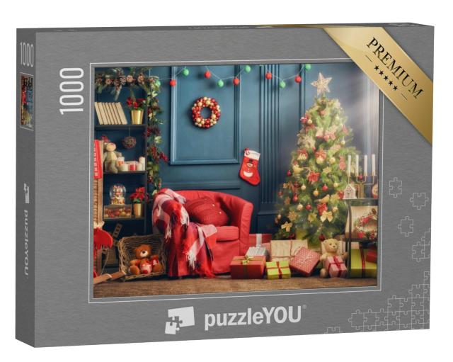 Puzzel 1000 stukjes „Vrolijk kerstfeest: mooie, feestelijk versierde woonkamer“