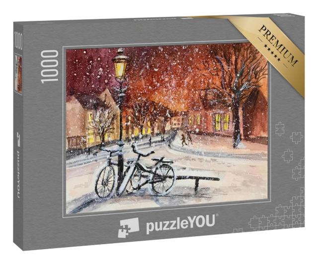 Puzzle 1000 Teile „Aquarell: Stadt im Winter am Abend“