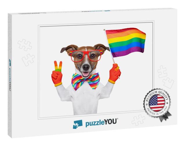 Gay Pride Dog Waving a Rainbow Flag... Jigsaw Puzzle