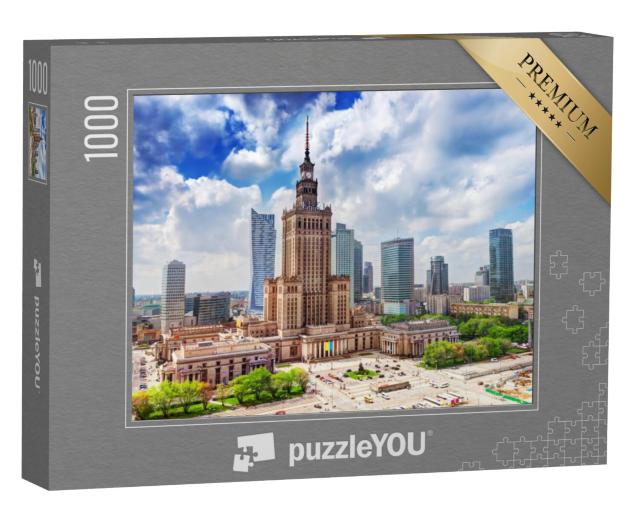 Puzzel 1000 stukjes „Luchtfoto: Paleis van Cultuur en Wetenschap met wolkenkrabbers, Warschau“