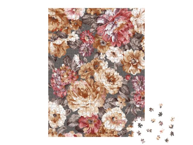 Puzzle 1000 Teile „Nahtlose schöne Aquarell-Textur mit bunten Blumen und grauem Hintergrund“