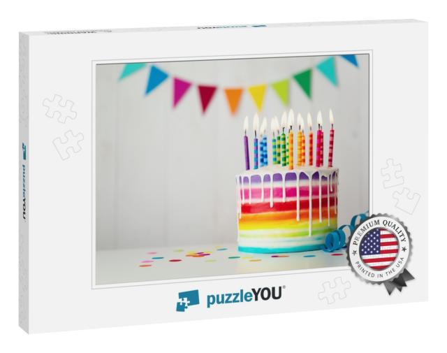 Rainbow Birthday Cake with Colorful Candles & Drip Icing... Jigsaw Puzzle