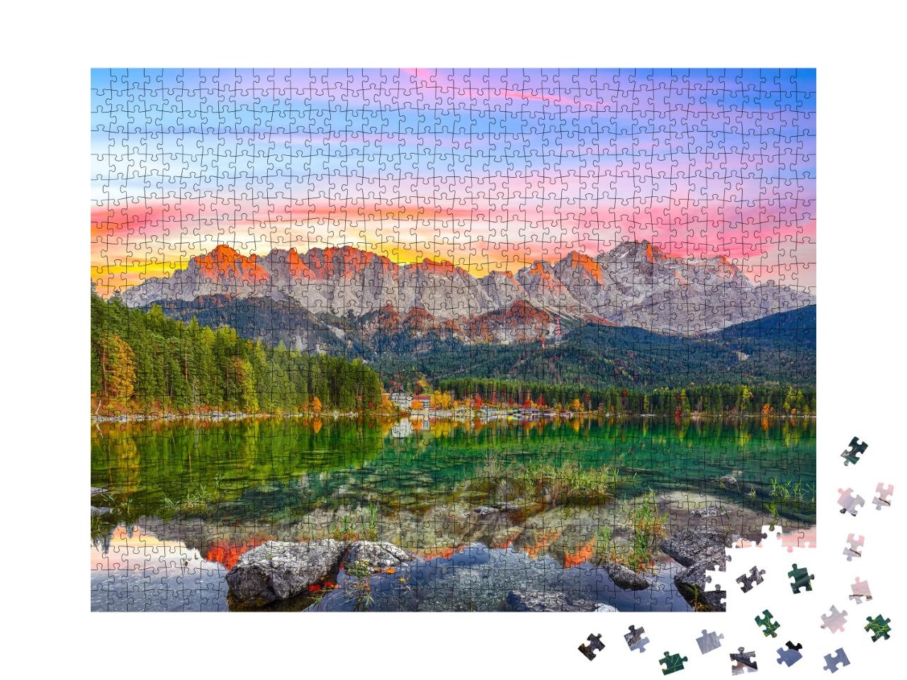 Puzzle 1000 Teile „Herbstlandschaft des Eibsees vor dem Zugspitzgipfel bei Sonnenuntergang“