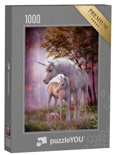 Puzzel 1000 stukjes „Eenhoornmerrie en veulen in het magische bos“