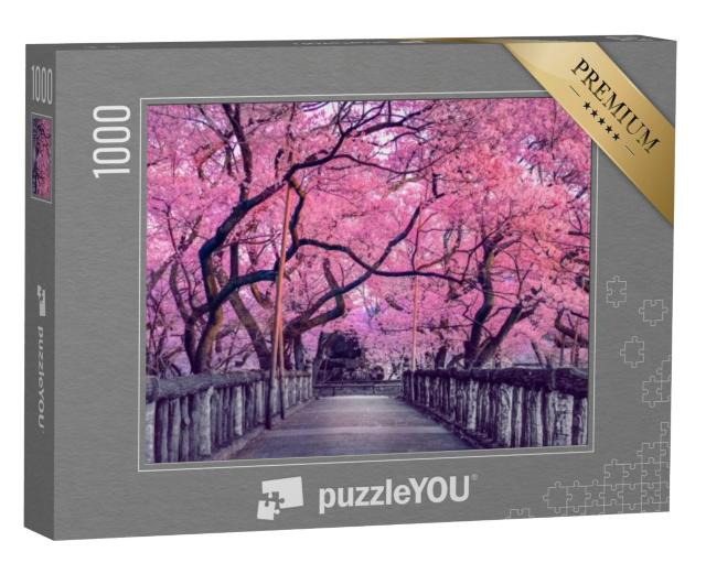 Puzzel 1000 stukjes „Kersenbloesem over een oude houten brug, Japan“