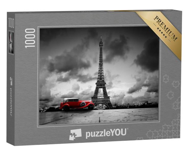 Puzzel 1000 stukjes „Artistiek beeld van de Eiffeltoren met retro auto in zwart-wit“