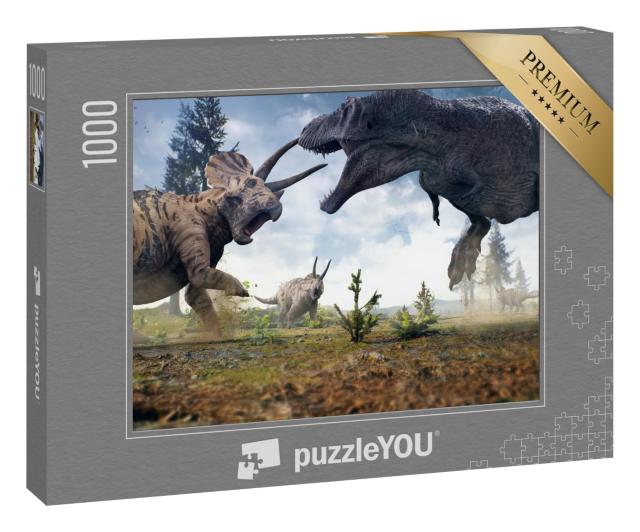 Puzzle „Ein Tyrannosaurus Rex im Kampf gegen eine Triceratops-Herde“