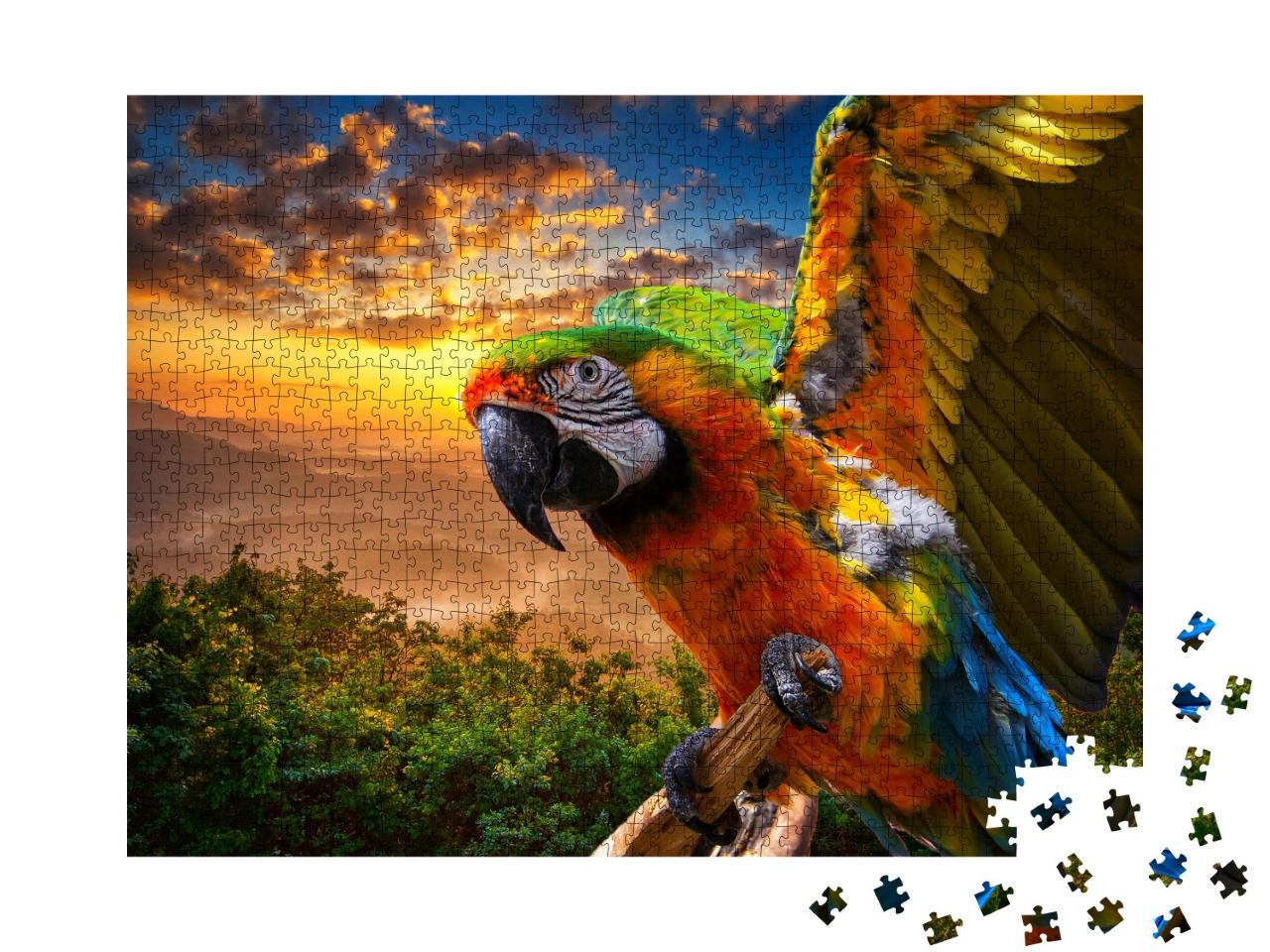 Puzzle 1000 Teile „Prächtige Farben der Natur: Ara im Sonnenuntergang“