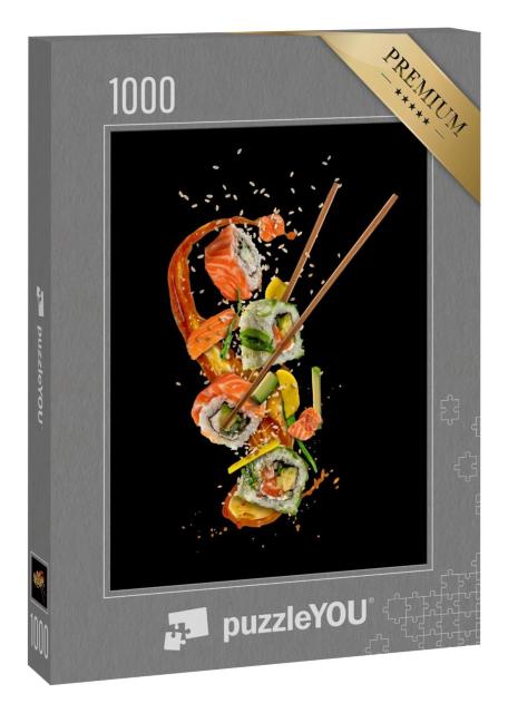 Puzzle 1000 Teile „Fliegende Sushi-Stücke auf schwarzem Hintergrund, hohe Auflösung “