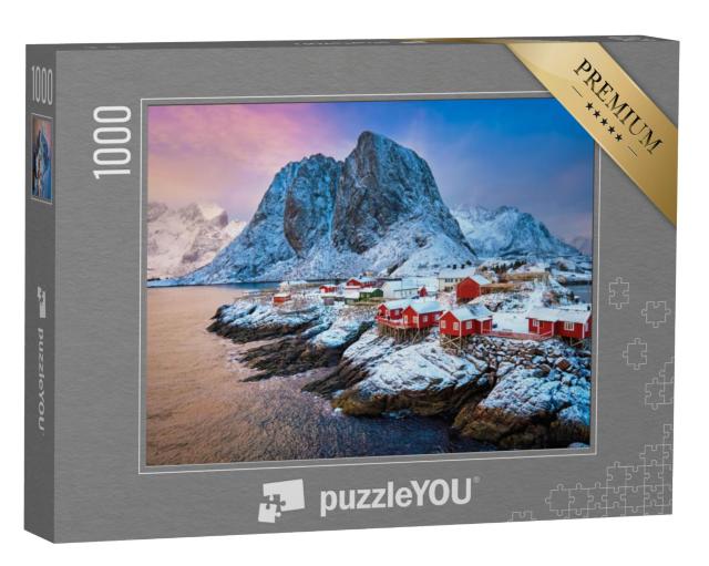 Puzzel 1000 stukjes „Vissersdorp op de Lofoten: Zonsopgang in de winter, Noorwegen“