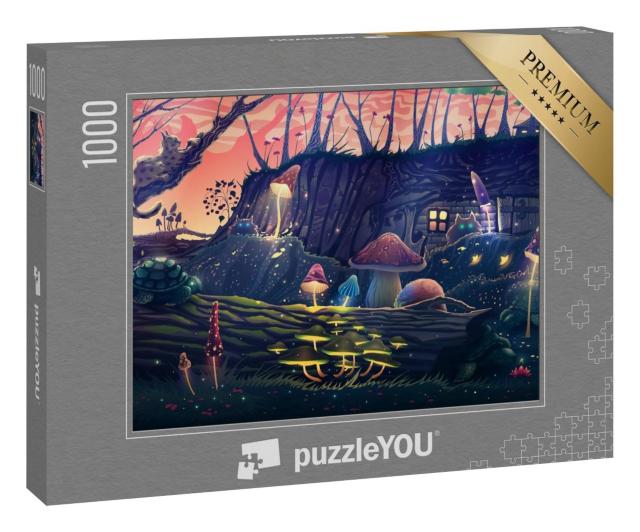 Puzzle 1000 Teile „Illustration: Magischer Pilzgarten mit wilden Tieren“
