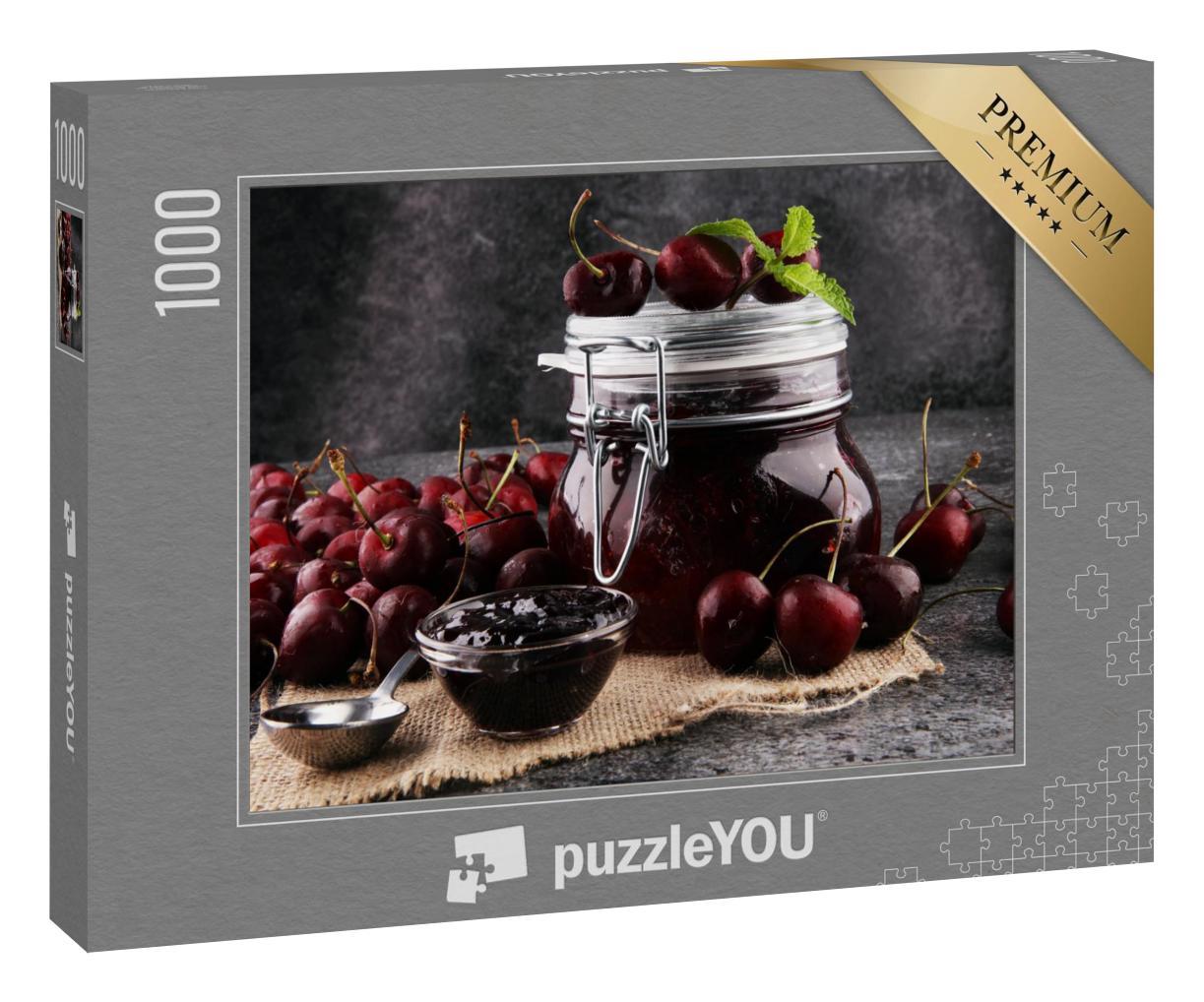 Puzzle 1000 Teile „Glas Kirschmarmelade, Sauerkirschen und Löffel“