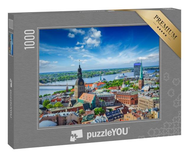 Puzzle 100 Teile „Luftaufnahme des Zentrums von Riga von der Peterskirche aus, Riga, Lettland“
