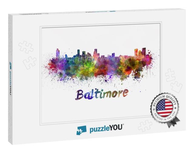 Baltimore Skyline in Watercolor Splatters with Clipping P... Jigsaw Puzzle