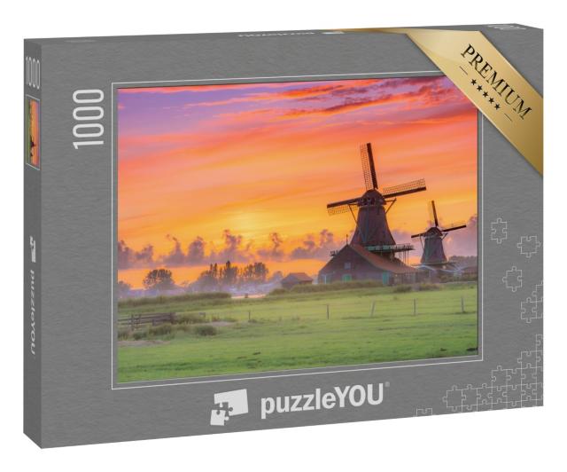 Puzzle 1000 Teile „Windmühlen im Sonnenuntergang, Niederlande“
