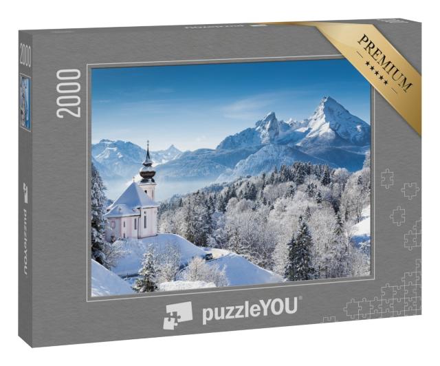 Puzzle 2000 Teile „Wallfahrtskirche und Watzmann-Gipfel im Winter, Berchtesgadener Land, Deutschland“