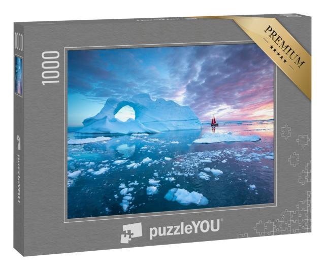 Puzzle 1000 Teile „Ein rotes Segelboot zwischen Eisbergen in der Mitternachtssonne, Grönland“