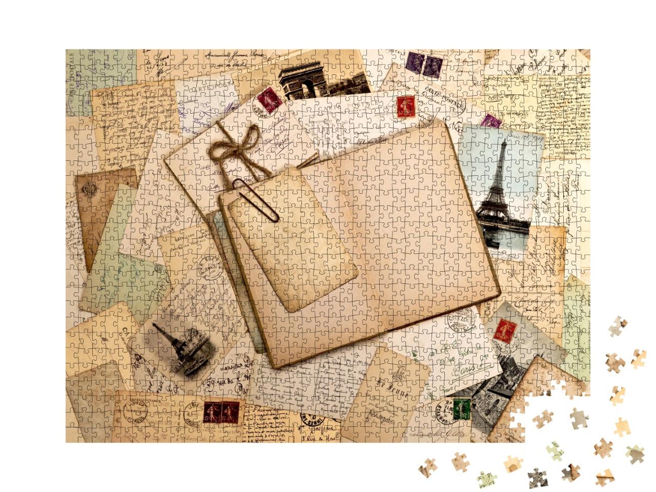 Puzzle 1000 Teile „Alte Briefe, französische Postkarten und leeres offenes Buch“
